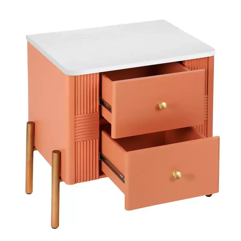 Comodino Moderno Minimalista con 2 Cassetti – Gambe e Maniglie in Metallo Dorato, Design Testurizzato