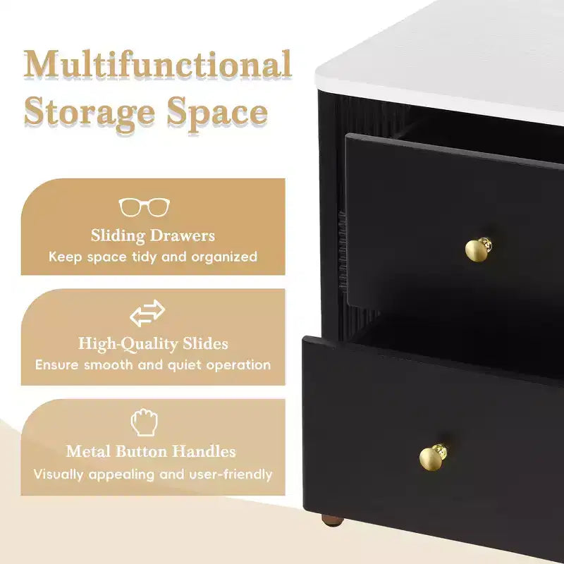 Comodino Moderno Minimalista con 2 Cassetti – Gambe e Maniglie in Metallo Dorato, Design Testurizzato