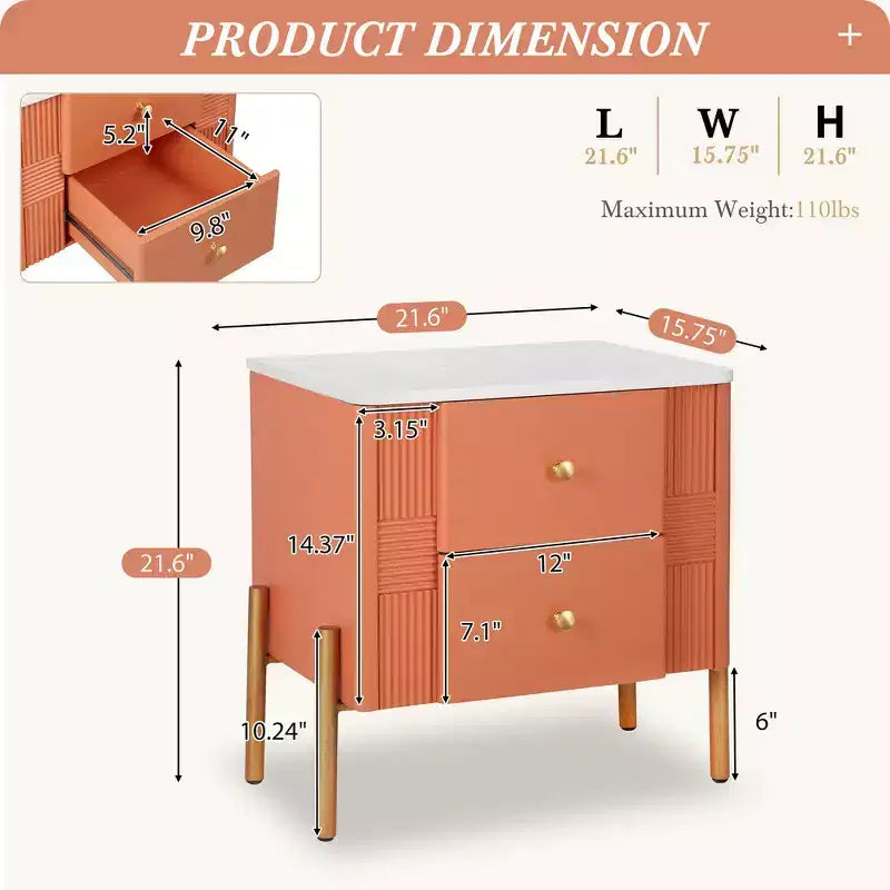 Comodino Moderno Minimalista con 2 Cassetti – Gambe e Maniglie in Metallo Dorato, Design Testurizzato