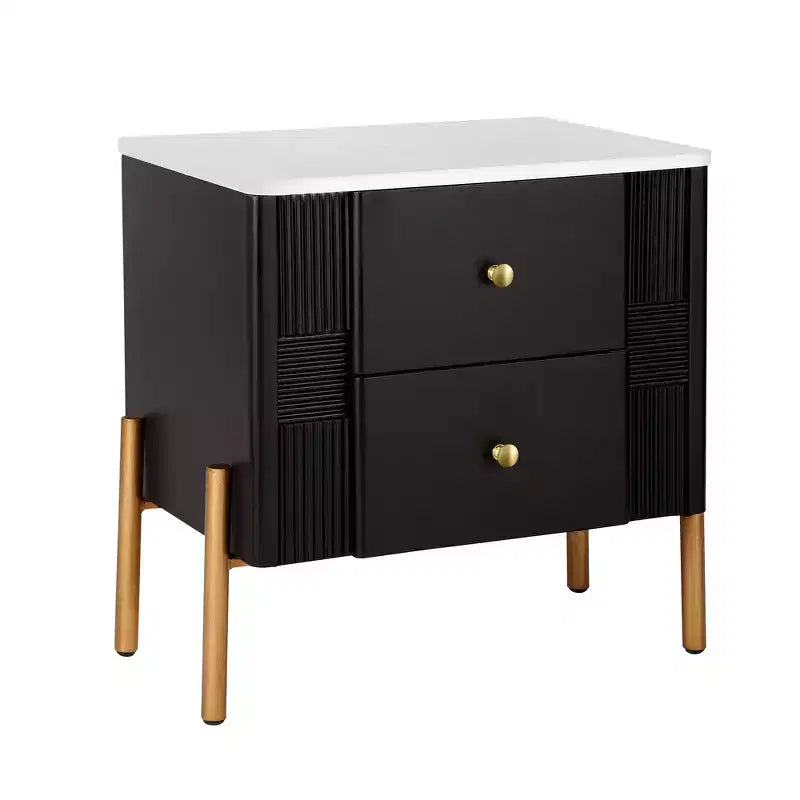 Comodino Moderno Minimalista con 2 Cassetti – Gambe e Maniglie in Metallo Dorato, Design Testurizzato