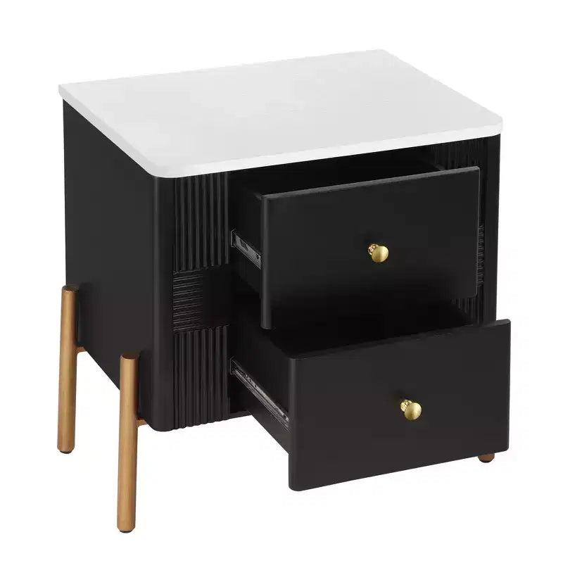 Comodino Moderno Minimalista con 2 Cassetti – Gambe e Maniglie in Metallo Dorato, Design Testurizzato
