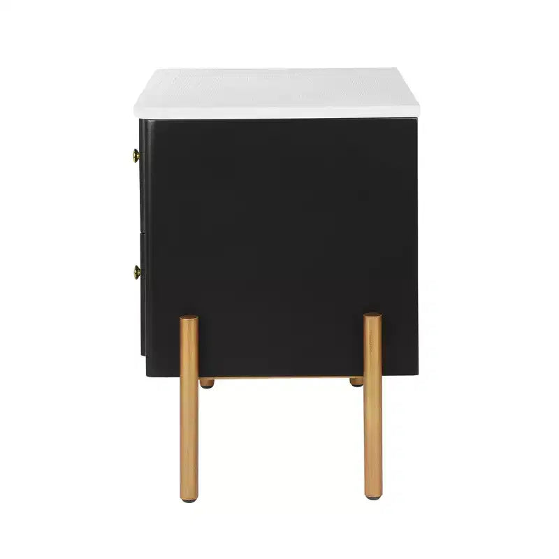 Comodino Moderno Minimalista con 2 Cassetti – Gambe e Maniglie in Metallo Dorato, Design Testurizzato