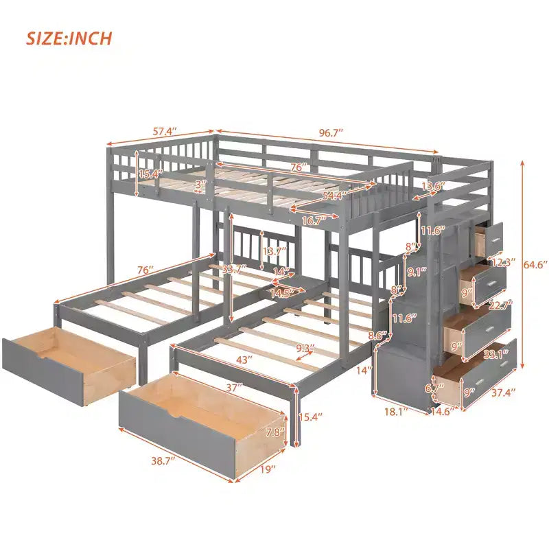 Letto a castello triplo con scala contenitore, 3 posti letto, legno di pino – Matrimoniale, singolo e singolo