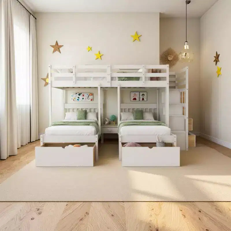 Letto a castello triplo con scala contenitore, 3 posti letto, legno di pino – Matrimoniale, singolo e singolo