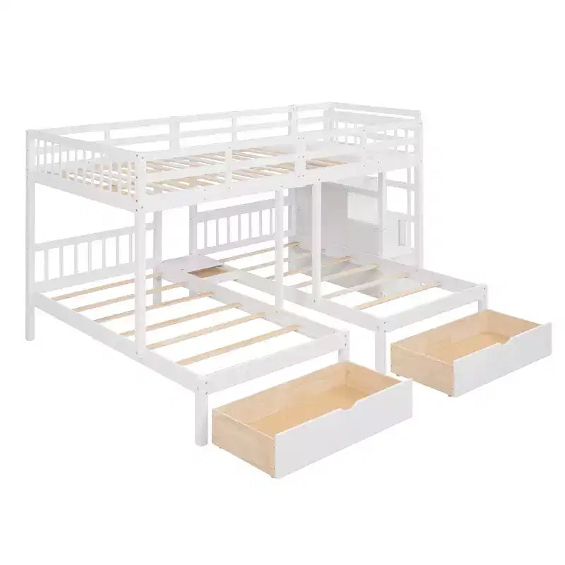Letto a castello triplo con scala contenitore, 3 posti letto, legno di pino – Matrimoniale, singolo e singolo