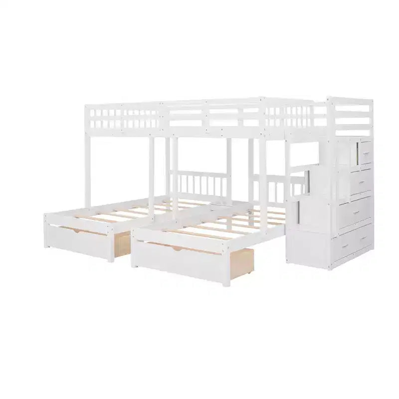 Letto a castello triplo con scala contenitore, 3 posti letto, legno di pino – Matrimoniale, singolo e singolo
