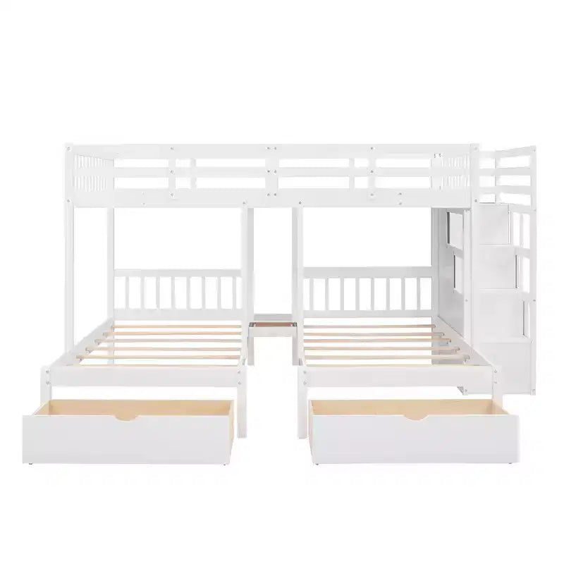Letto a castello triplo con scala contenitore, 3 posti letto, legno di pino – Matrimoniale, singolo e singolo