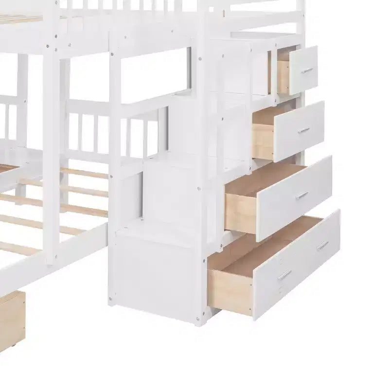 Letto a castello triplo con scala contenitore, 3 posti letto, legno di pino – Matrimoniale, singolo e singolo