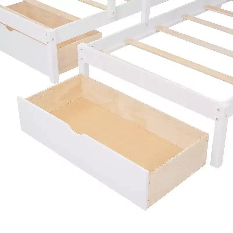 Letto a castello triplo con scala contenitore, 3 posti letto, legno di pino – Matrimoniale, singolo e singolo