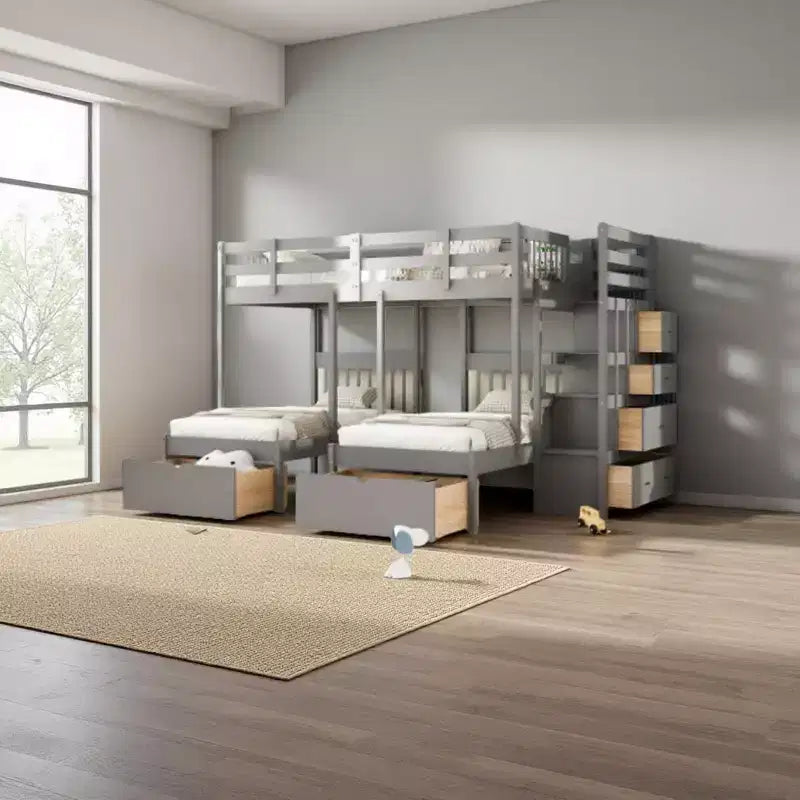 Letto a castello triplo con scala contenitore, 3 posti letto, legno di pino – Matrimoniale, singolo e singolo