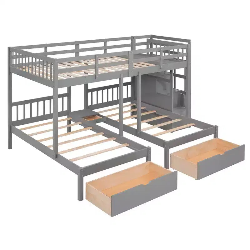 Letto a castello triplo con scala contenitore, 3 posti letto, legno di pino – Matrimoniale, singolo e singolo