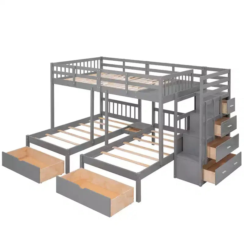 Letto a castello triplo con scala contenitore, 3 posti letto, legno di pino – Matrimoniale, singolo e singolo