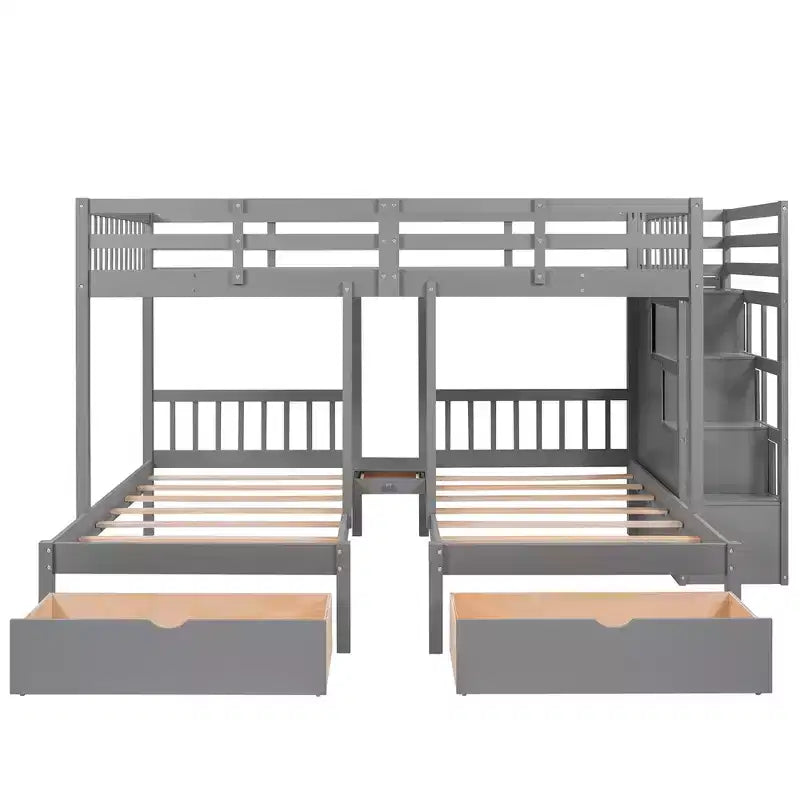 Letto a castello triplo con scala contenitore, 3 posti letto, legno di pino – Matrimoniale, singolo e singolo