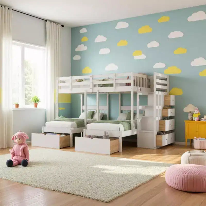 Letto a castello triplo con scala contenitore, 3 posti letto, legno di pino – Matrimoniale, singolo e singolo
