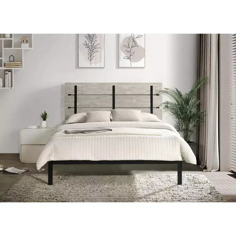 Letto a piattaforma in metallo con testiera rettangolare – Grigio, non necessita di rete a doghe