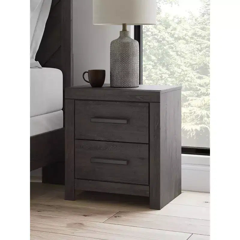 Comodino a 2 cassetti a scorrimento fluido – Carbone, Finitura venatura rovere scuro