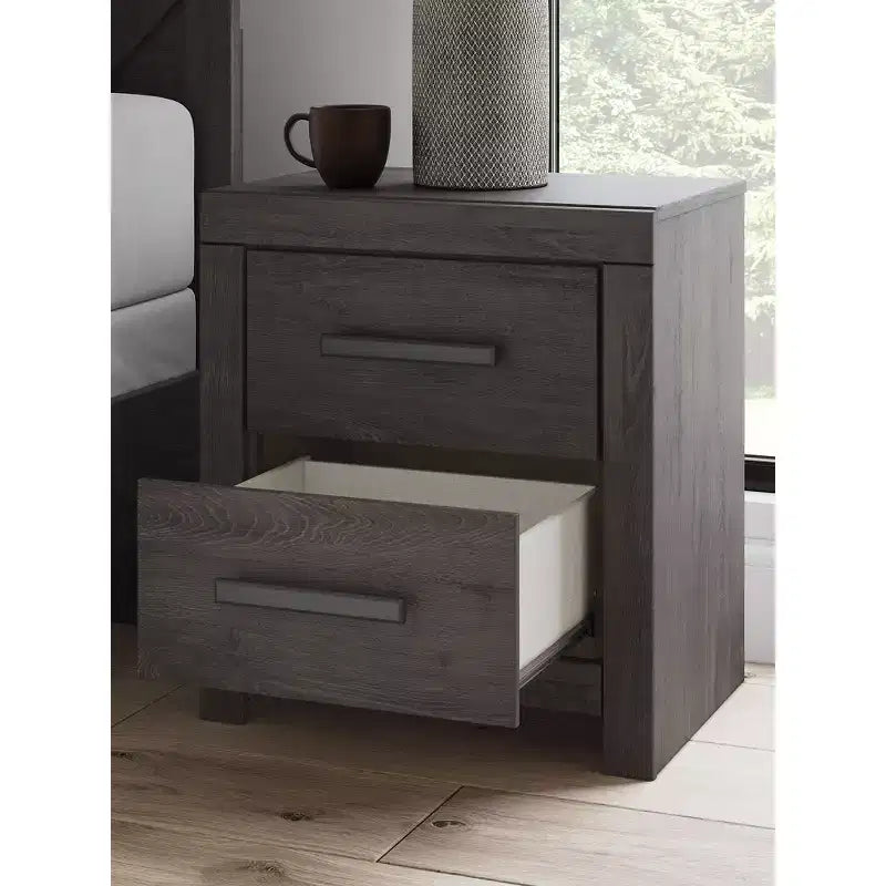 Comodino a 2 cassetti a scorrimento fluido – Carbone, Finitura venatura rovere scuro