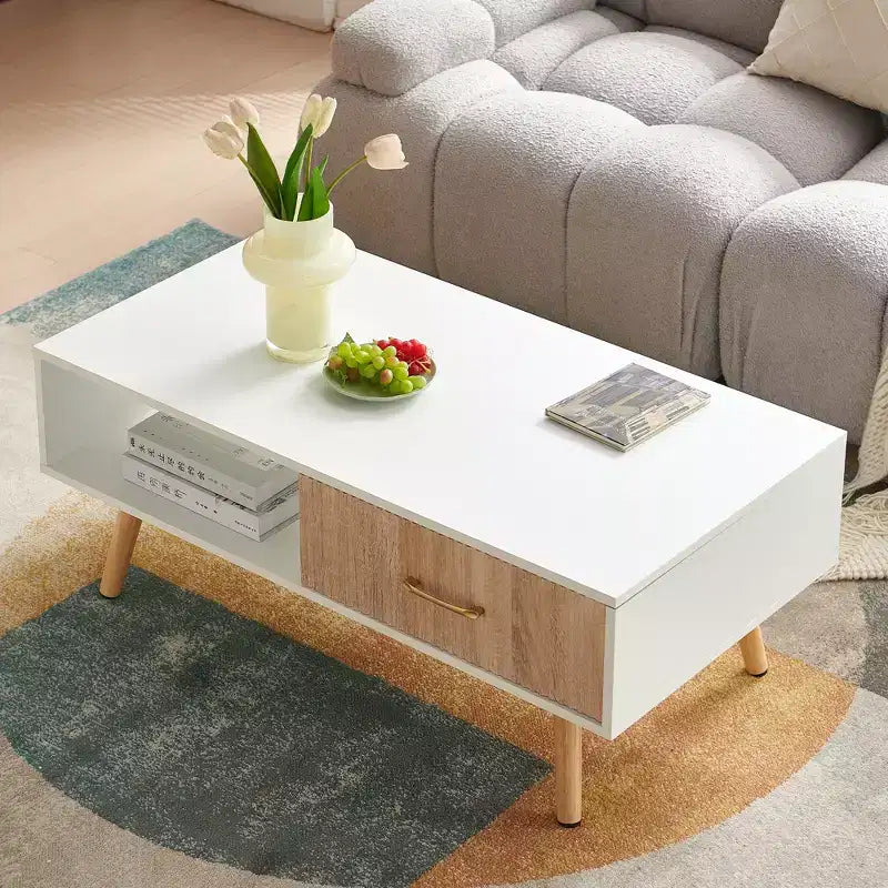 Tavolino da caffè rettangolare con cassetto scorrevole per riporre oggetti – Bianco, 104 cm