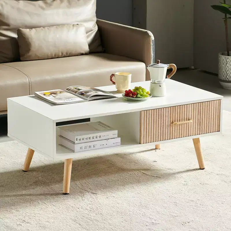 Tavolino da caffè rettangolare con cassetto scorrevole per riporre oggetti – Bianco, 104 cm