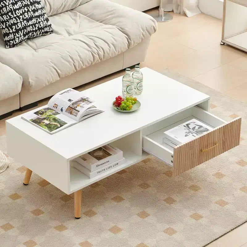 Tavolino da caffè rettangolare con cassetto scorrevole per riporre oggetti – Bianco, 104 cm