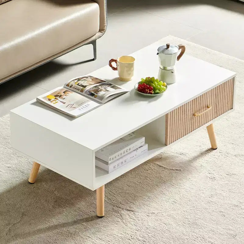 Tavolino da caffè rettangolare con cassetto scorrevole per riporre oggetti – Bianco, 104 cm