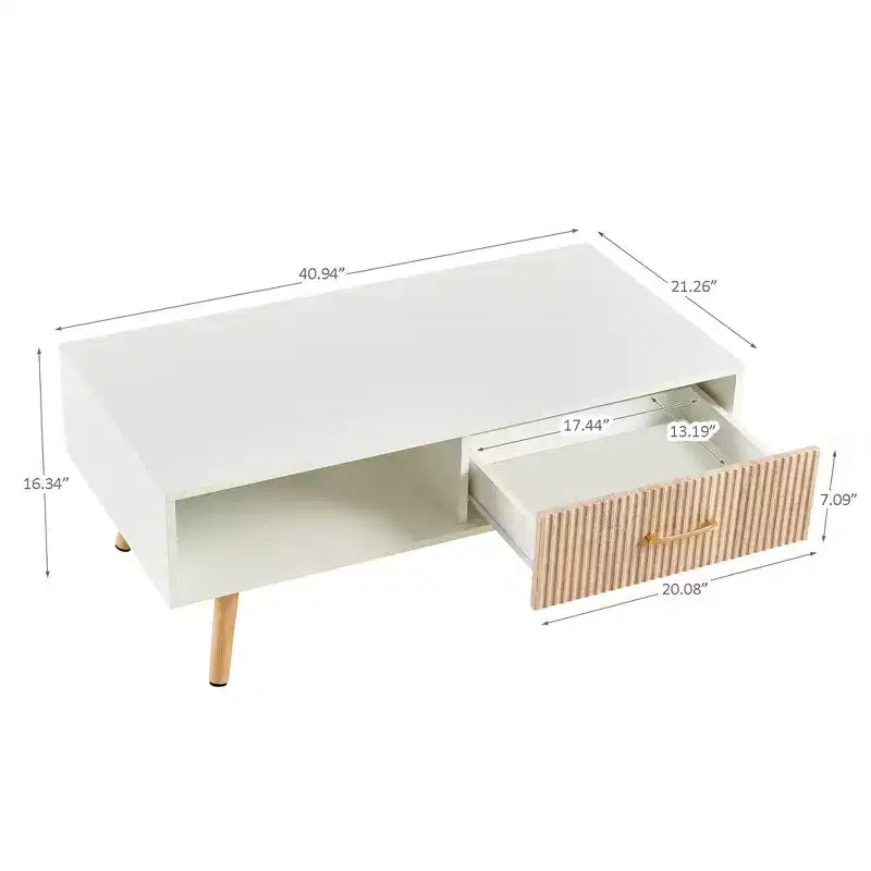 Tavolino da caffè rettangolare con cassetto scorrevole per riporre oggetti – Bianco, 104 cm