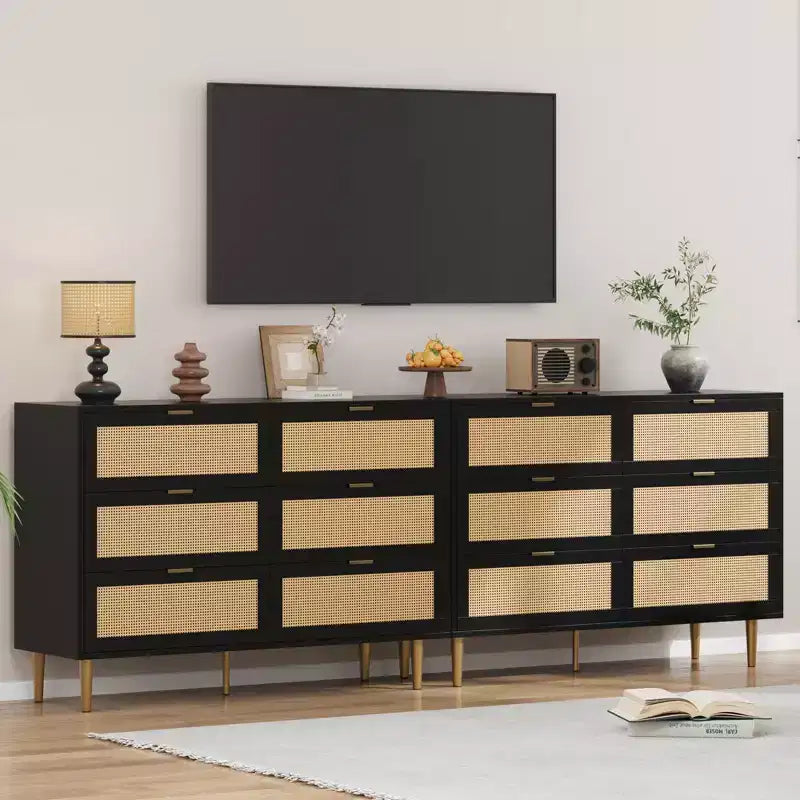 Cassettiera a sei cassetti in PB+MDF e Rattan Intrecciato - Mobiletto in Rattan, Superficie in Melamina a Tre Strati, Sei Cassetti, Piedini con Ferramenta Dorata