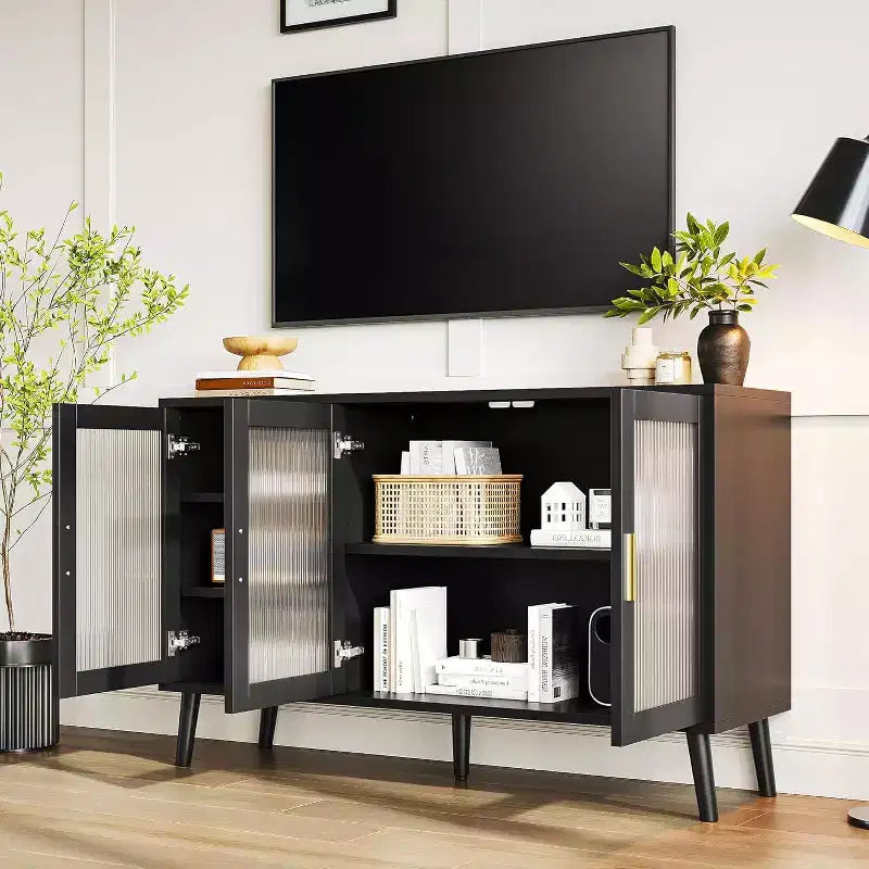 Mobile TV con consolle da 48" e 3 ante in vetro scanalato e 5 ripiani – Nero