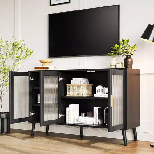 Mobile TV con consolle da 48" e 3 ante in vetro scanalato e 5 ripiani – Nero