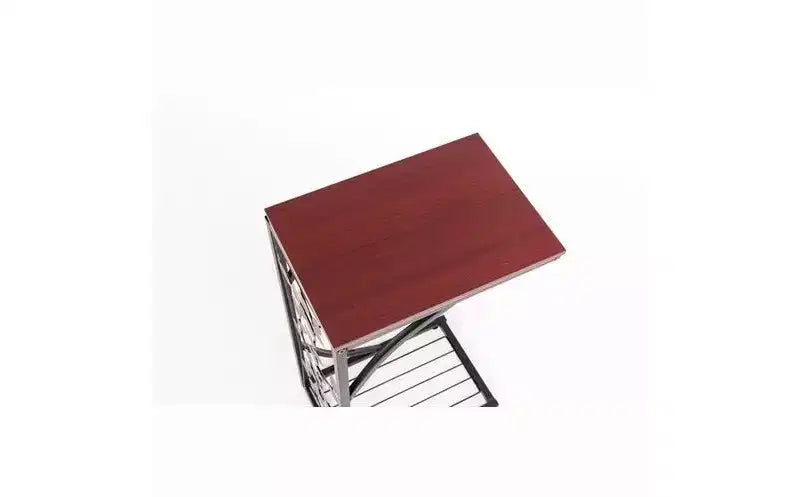 Tavolino Metallo e Legno con Motivo Foglie – Struttura Nera, Piano Finitura Noce