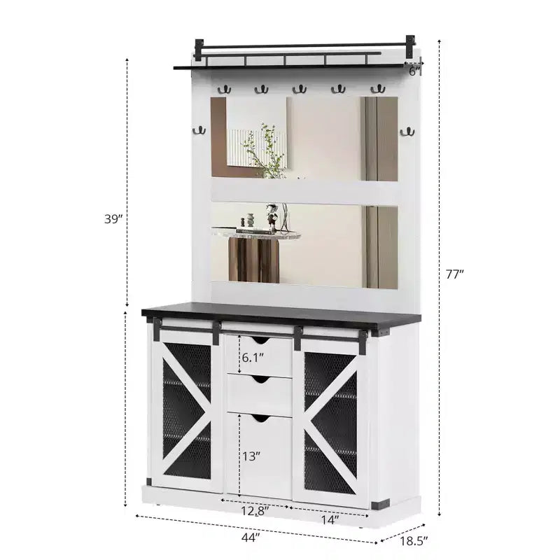 Mobile da ingresso 5-in-1 multifunzione con scarpiera, appendiabiti laterale regolabile, attaccapanni e tavolo da toeletta. Design angolare - Perfetto per l'ingresso