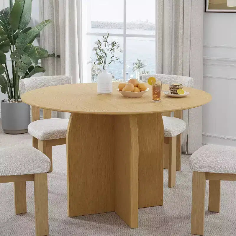 Tavolo da pranzo rotondo da 45" in legno massello – Finitura naturale, gambe a piedistallo ad arco, 4 posti a sedere