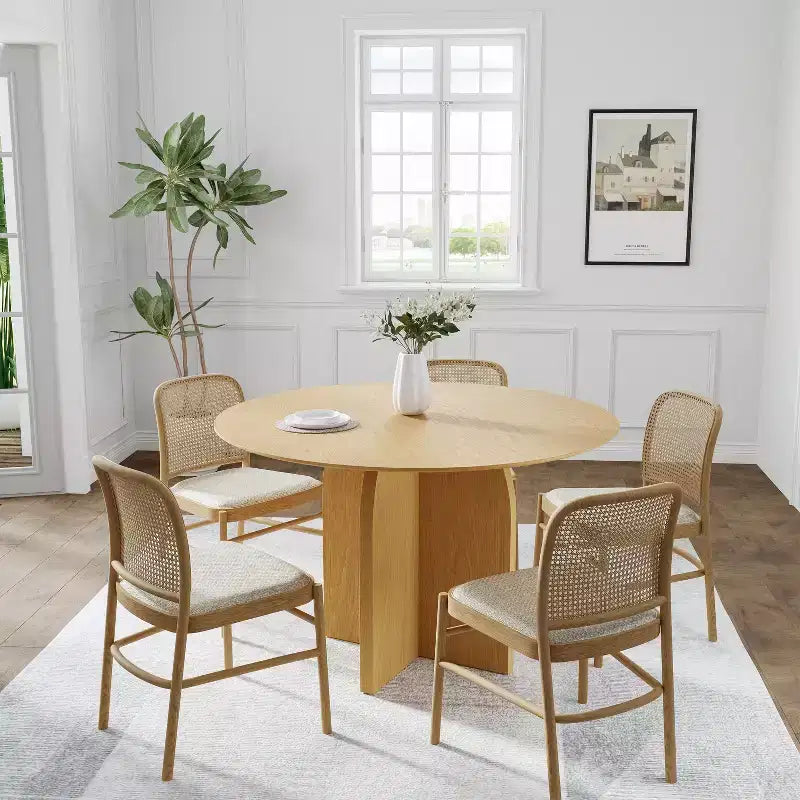 Tavolo da pranzo rotondo da 45" in legno massello – Finitura naturale, gambe a piedistallo ad arco, 4 posti a sedere