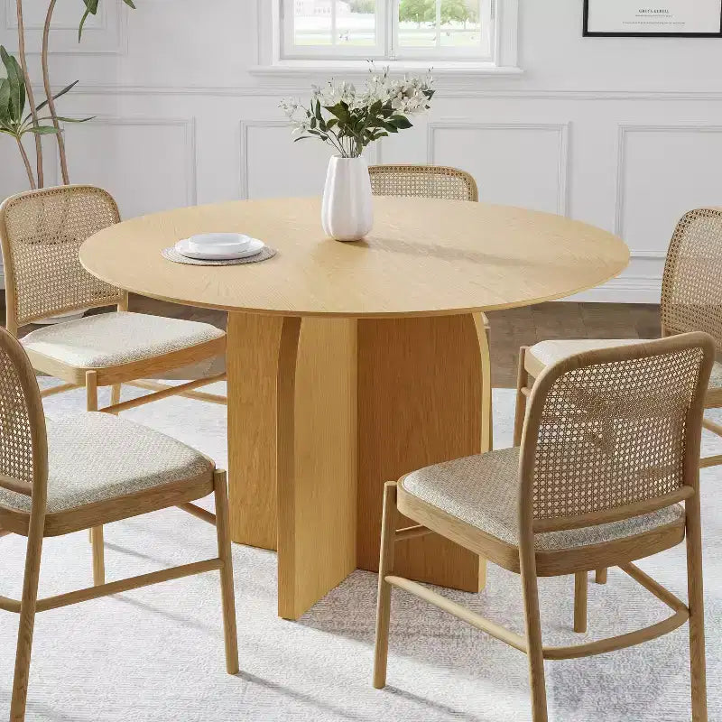 Tavolo da pranzo rotondo da 45" in legno massello – Finitura naturale, gambe a piedistallo ad arco, 4 posti a sedere