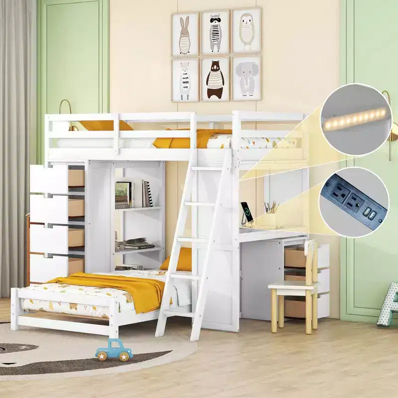Letto a castello singolo su singolo con cassetti, mensole, scrivania, luce LED e porte di ricarica