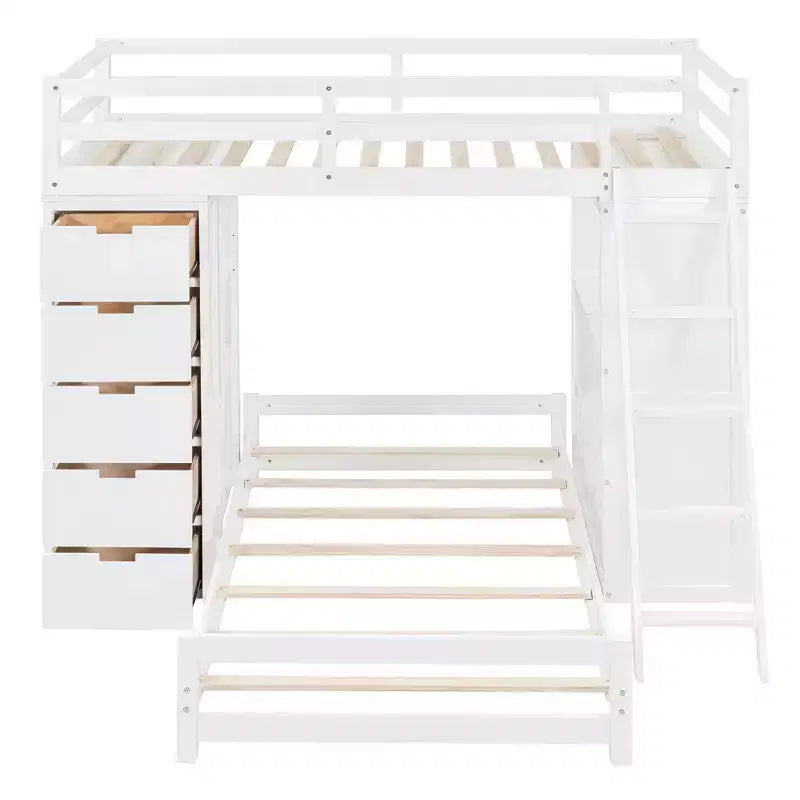 Letto a castello singolo su singolo con cassetti, mensole, scrivania, luce LED e porte di ricarica