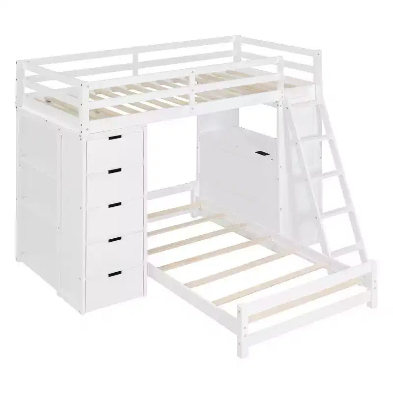 Letto a castello singolo su singolo con cassetti, mensole, scrivania, luce LED e porte di ricarica