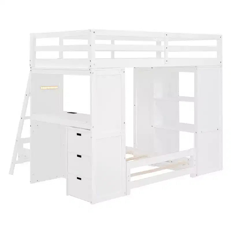 Letto a castello singolo su singolo con cassetti, mensole, scrivania, luce LED e porte di ricarica