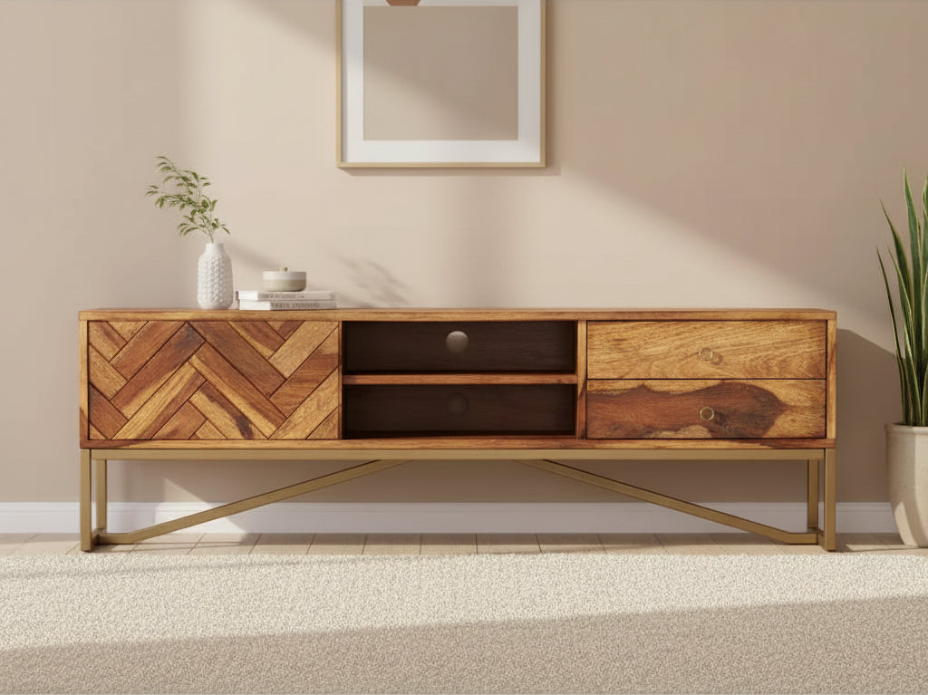 vidaXL TV Cabinet Brown Solid Sheesham Wood, Brass powder-coated iron