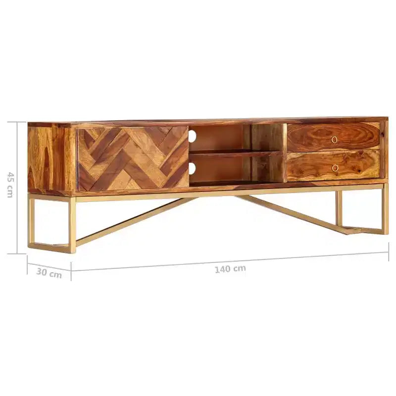 Mobile TV in legno massello di Sheesham – Marrone con gambe in ottone, Mid-Century Modern