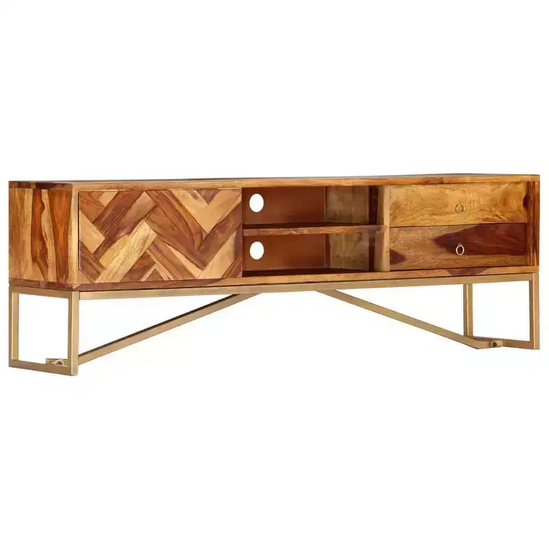 Mobile TV in legno massello di Sheesham – Marrone con gambe in ottone, Mid-Century Modern