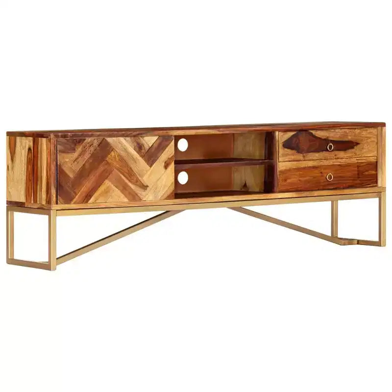 Mobile TV in legno massello di Sheesham – Marrone con gambe in ottone, Mid-Century Modern
