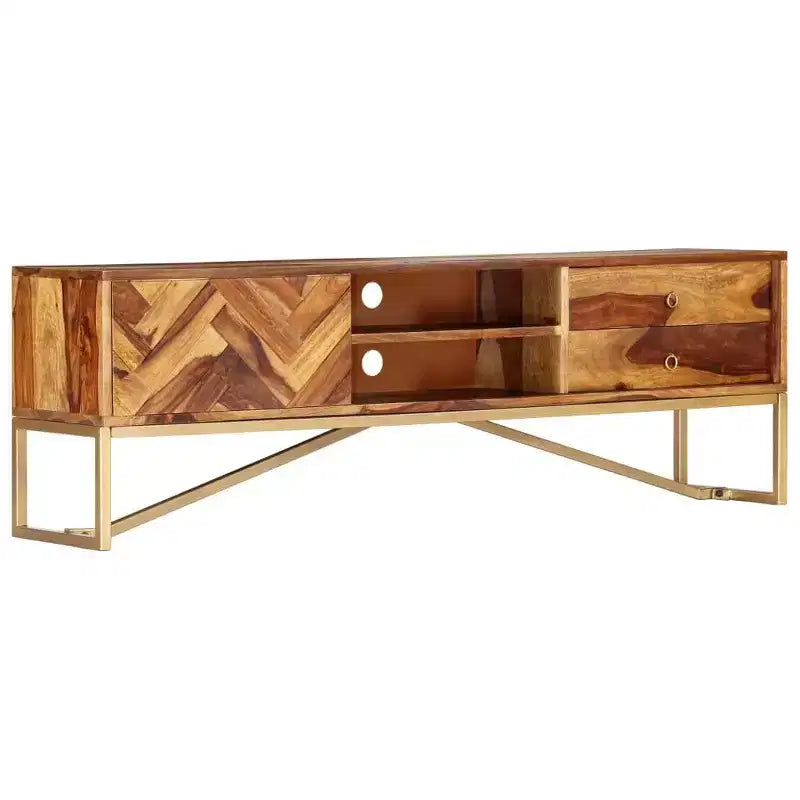 Mobile TV in legno massello di Sheesham – Marrone con gambe in ottone, Mid-Century Modern