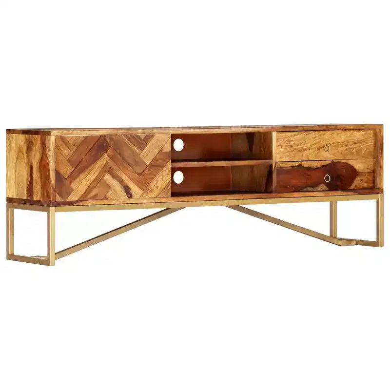 Mobile TV in legno massello di Sheesham – Marrone con gambe in ottone, Mid-Century Modern