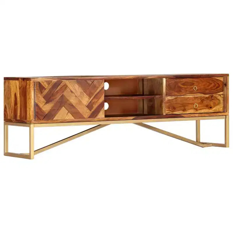Mobile TV in legno massello di Sheesham – Marrone con gambe in ottone, Mid-Century Modern