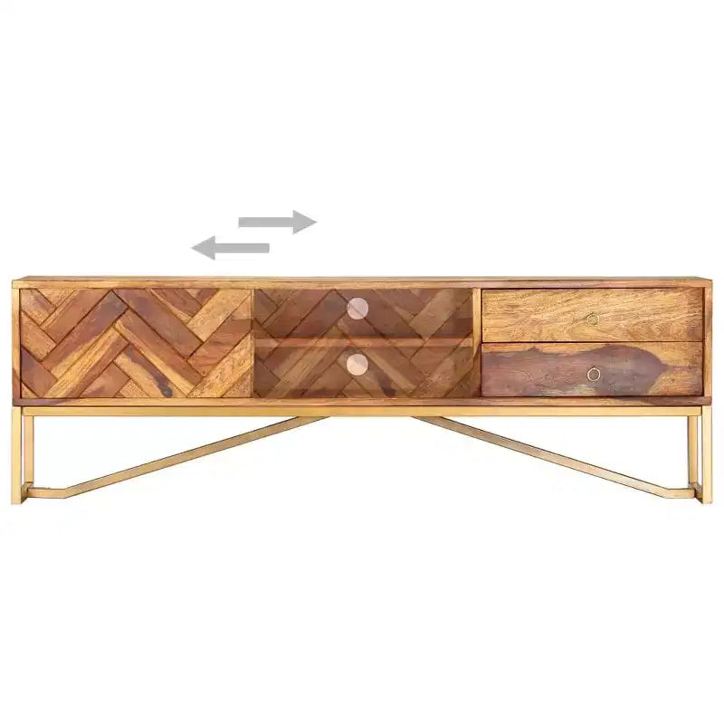 Mobile TV in legno massello di Sheesham – Marrone con gambe in ottone, Mid-Century Modern