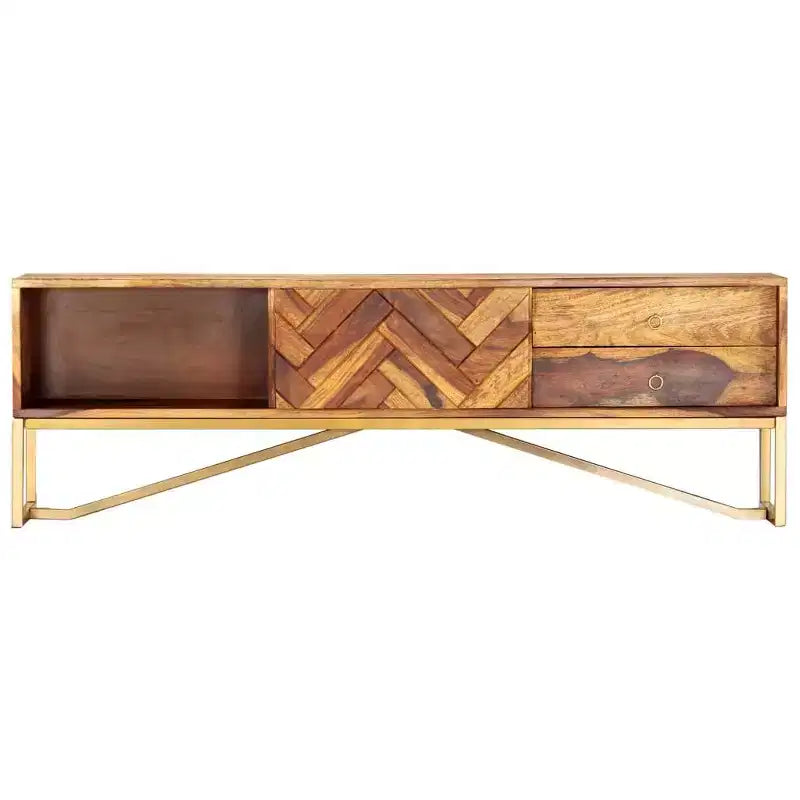 Mobile TV in legno massello di Sheesham – Marrone con gambe in ottone, Mid-Century Modern