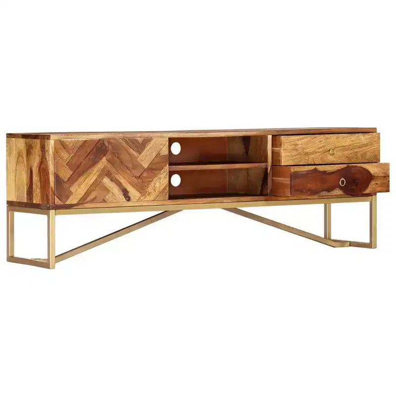 Mobile TV in legno massello di Sheesham – Marrone con gambe in ottone, Mid-Century Modern