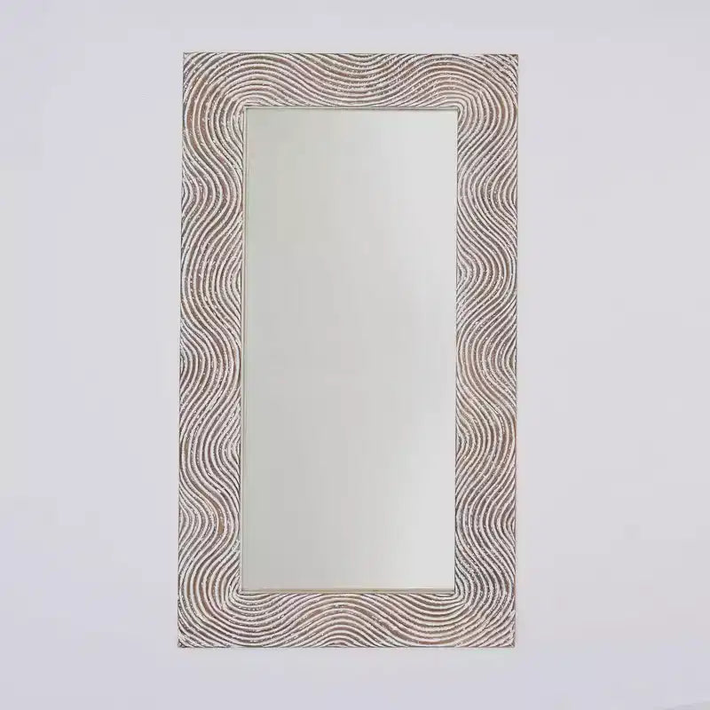 Specchio a figura intera rettangolare intagliato a mano in legno massello retrò da 72" – Bianco anticato