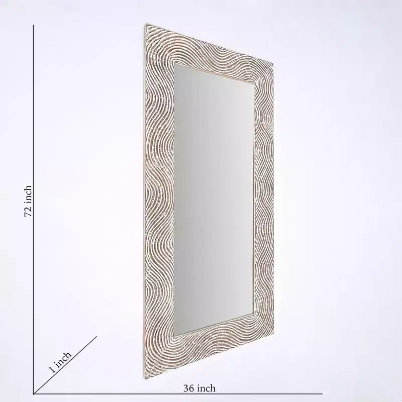 Specchio a figura intera rettangolare intagliato a mano in legno massello retrò da 72" – Bianco anticato